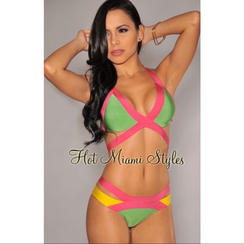 HMS Colorblock Green Pink Yellow Bandage Bikini